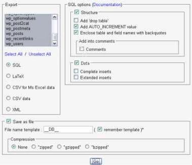 测试驾驶 WordPress phpMyAdmin export screen