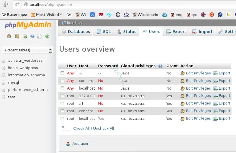 在 phpMyAdmin 4.4 中创建用户