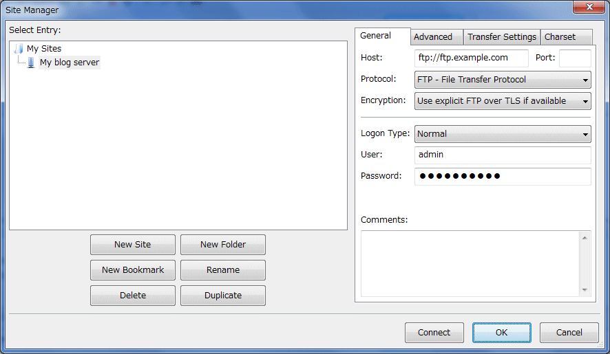 使用 FileZilla FileZilla 站点管理器窗口的屏幕截图。