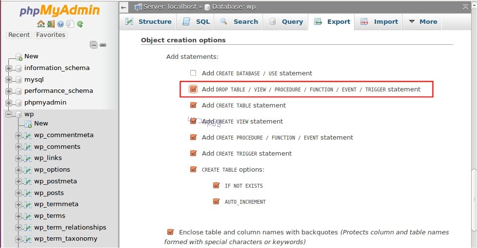 备份您的数据库 phpmyadmin_export_object