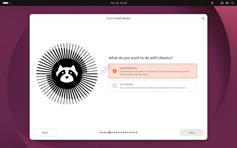 如何安装Ubuntu 26.04 Ubuntu 26.04 安装程序选择安装 Ubuntu 的界面