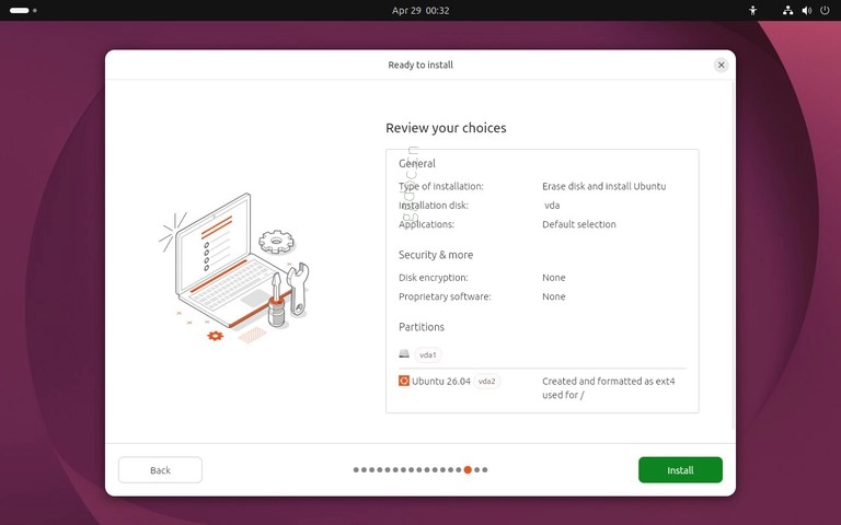 如何安装Ubuntu 26.04 Ubuntu 26.04 安装程序准备安装摘要屏幕