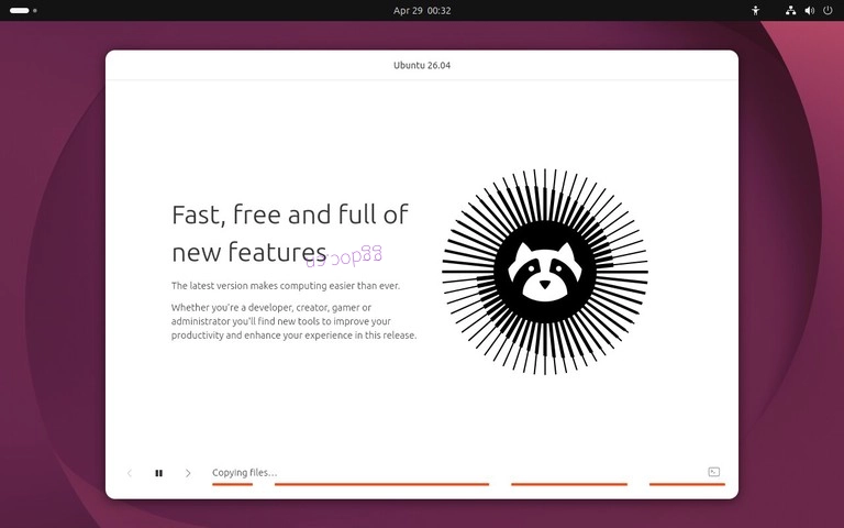 如何安装Ubuntu 26.04 Ubuntu 26.04 安装进度屏幕