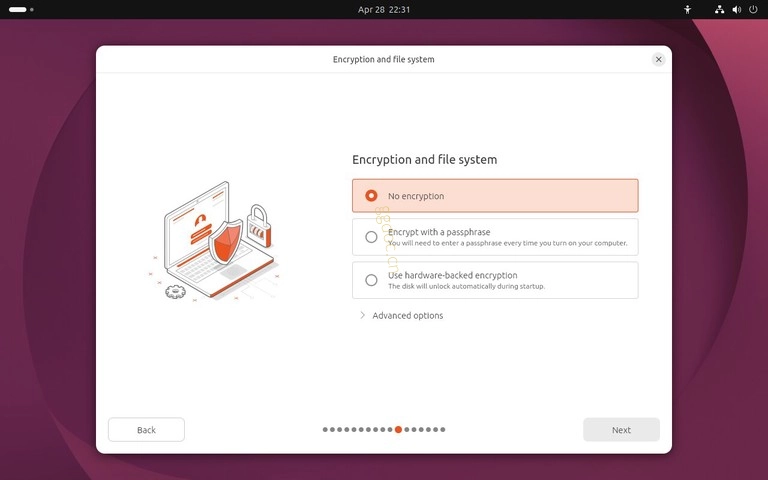 如何安装Ubuntu 26.04 Ubuntu 26.04 安装程序加密和文件系统屏幕